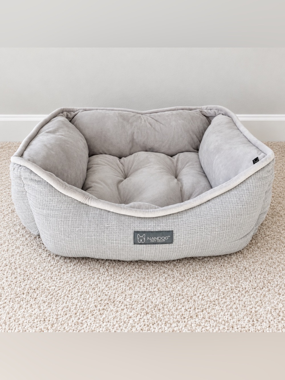Nandog Pet Gear Gray Plush Bolster Dog Bed Luxury Cozy Washable Pet